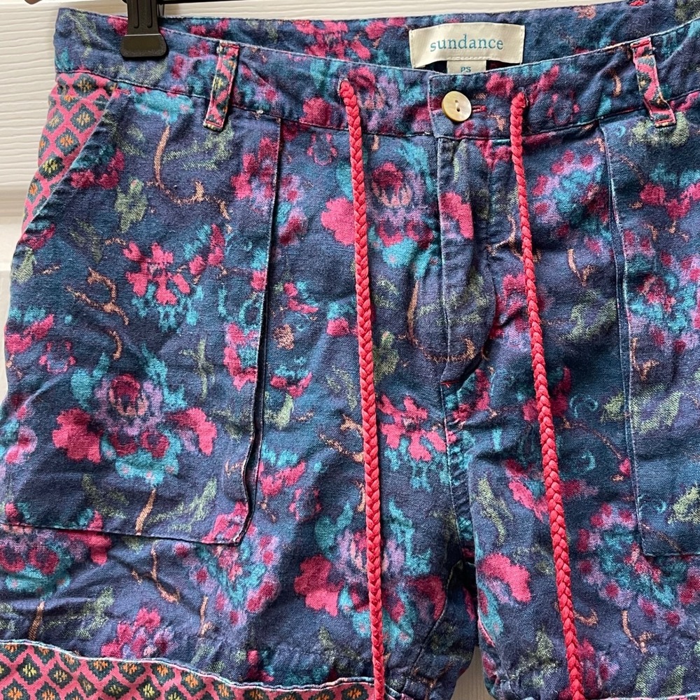 Sundance Kalini Cuffed Short Women's SP Blue Floral High Rise Linen Cotton Blend